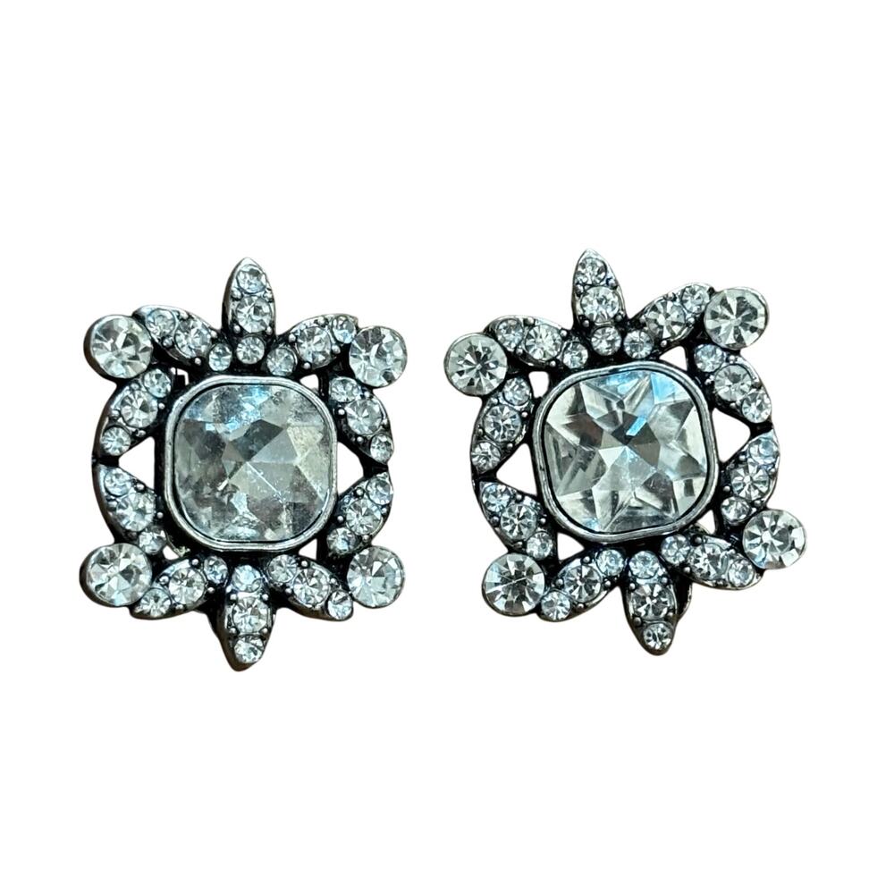 Vintage mid century clip on earrings silver & clear white rhinestones squares